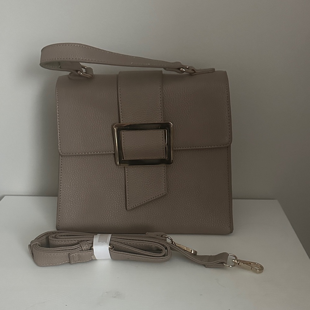 Structured Taupe Top-Handle Crossbody Bag